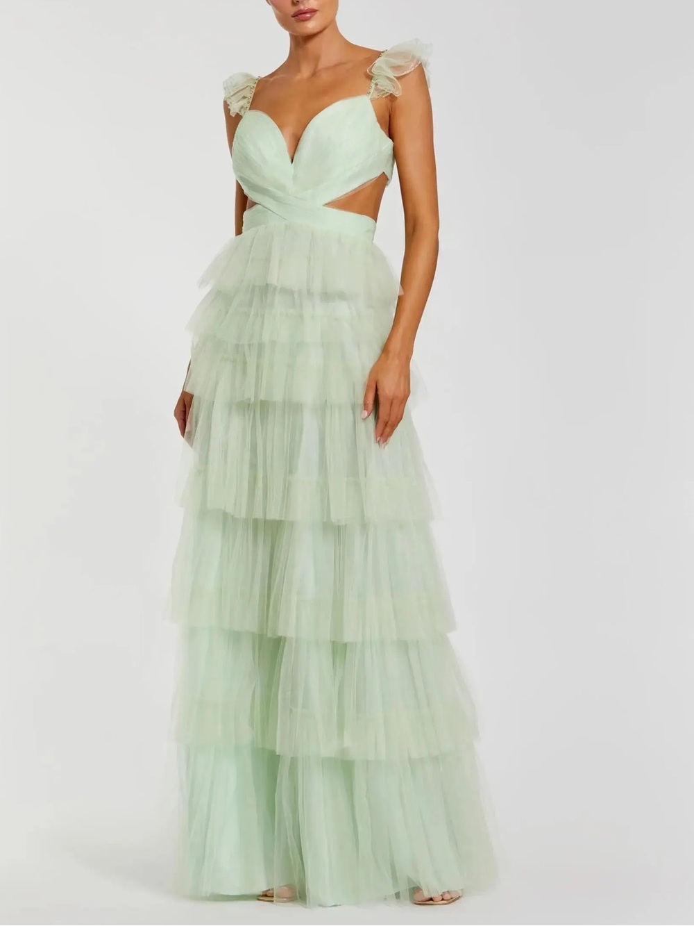 NWT Mac Duggal Ruffle Tiered Tulle Cut Out Gown Mint Green 50670 Sz 10